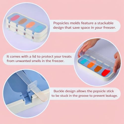 Image of (Set of 2) (Pink+Blue) Stackable Mini Silicone Ice Cream Maker, Ice Cream Mould Set Kulfi Moulds Set Popsicle Mould Silicone, Kulfi Maker for Freezer
