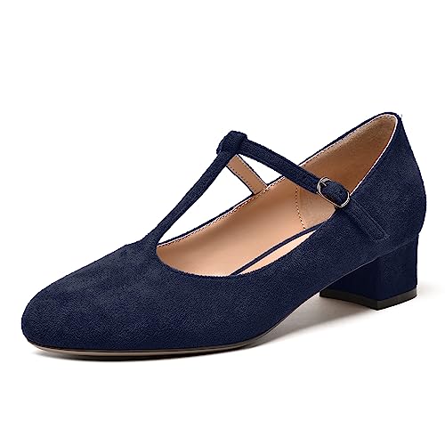 NUMALEO Womens Style Cute Suede T Strap Buckle Party Round Toe Chunky Low Heel Pumps Shoes 1.5 Inch