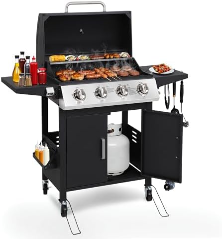 HUGROVE 4 Burner Propane Gas BBQ Grill with Wheels, 40,000 BTU Ou...