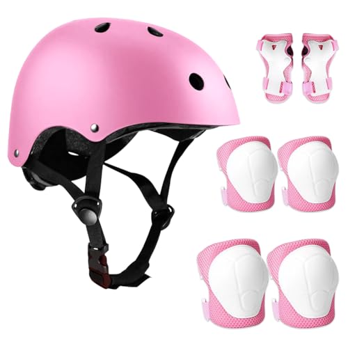 Udbrud Knieschoner Kinder Set, 7 in 1 Protektorenset Schoner Knieschützer Inliner Kinder Schutzausrüstung Fahrradhelm Kinder für Skateboard, Longboard, Stunt Scooter, Fahrrad, Rollschuhe,Rosa