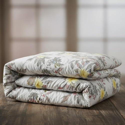Image of 220 GSM 100% Cotton Microfibre Reversible Comforter AC Blanket for Summer /Winter /Quilt Soft Breathable Floral Print Duvet Single /Double Bed (Off White Yellow, Double Bed(230X250 CM))