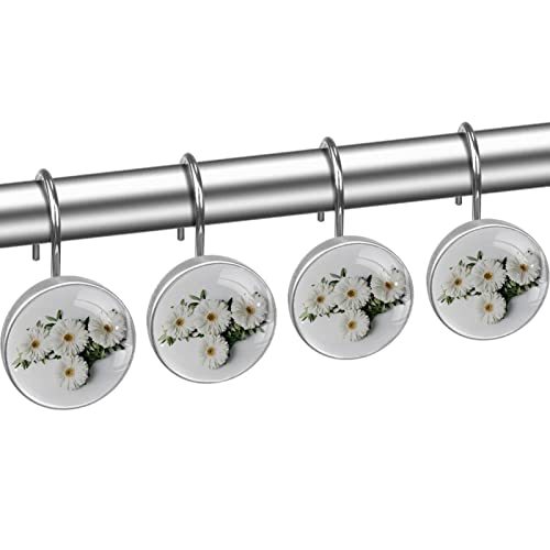 Crochets de rideau de douche marguerites blanches en acier inoxydable - Lot de 12 pièces pour bain