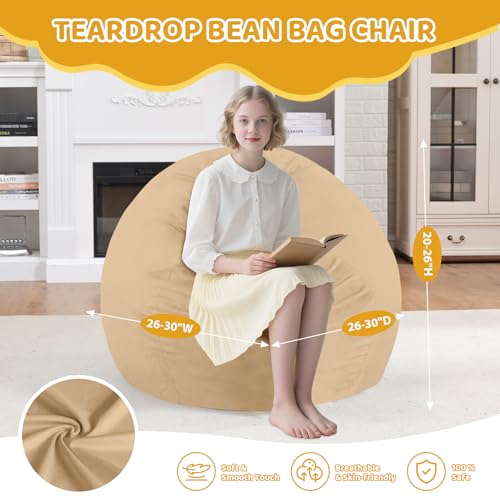2FT Bean Bag Chair, Comfy Bean Bag Chairs with Memory Foam Filled, Fluffy Beanbag Sofa with Dutch Velvet Cover, Teardrop BeanBag Chairs for Living Room, Playroom - Khaki