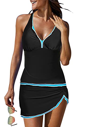 Evaless Plus Size Tankini Bathing Suits For Women Two Piece Halter Padded Push Up Swimsuit Tummy Control Drawstring Swimwear With Skirt Bottom Black Xxx-Large #TOP30