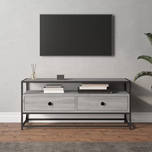 Higsose Mueble de TV 100 x 35 x 45 cm gris Sonoma, material de madera, acero, robusto aparador de TV, muebles de salón, muebles modernos para TV, terraza, estantería de madera, armario de alta