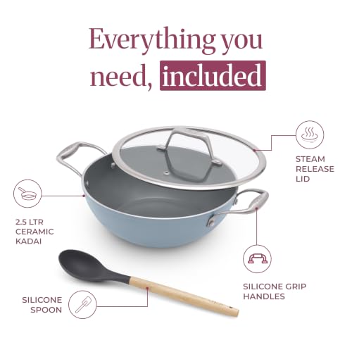 Image of Asai Ceramic Non Stick Kadai 24cm (2.5L) with Glass Lid & Silicone Spatula | Blue | Swiss Ceramic Coating | Gas & Induction Compatible | Stay-Cool Handles | Lab-Tested | 100% Toxin Free