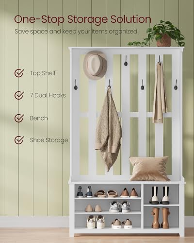 Image of VASAGLE Hall Tree with Bench and Shoe Storage, Coat Rack with Shoe Bench, 7 Double Hooks for Jackets, Hats, Entryway, Bedroom, Living Room, 13.8 x 31.9 x 70.9 Inches, Matte White UHSR414WB01S