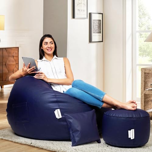 Amazon Brand - Solimo Premium Faux Leather Bean Bag Combo with Footrest & Cushion Combo, Filled with Beans | Capacity: Upto 5.8 Ft Height, 85 Kg Weight | 2XL | Navy Blue