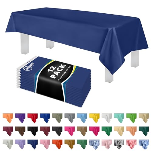 Image of Grandipity Plastic Table Cloth Disposable 12 Pack 54 inch x 108 inch Rectangle | Navy Plastic table covers, durable disposable tablecloths, fade and tear-resistent table cover for party, event