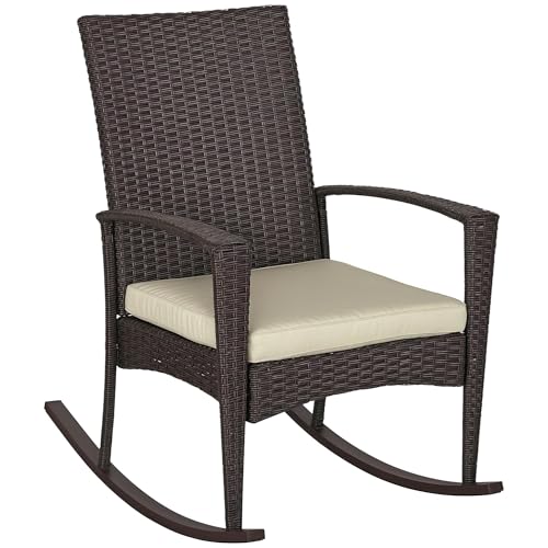 Outsunny PE Rattan Garden Rocking Chair, Outdoor Rocking with Cushion, 160 KG Capacity Wicker Garden Armchair Rocker with Metal Frame for Patio, Porch, Balcony, Brown