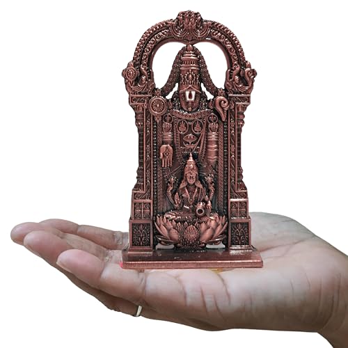 Image of anciently Tirupati Balaji Idol with Lakshmi for Car Dashboard | Venkateswara Idol with Lakshmi for Car Dashboard, Metal, 1 Piece (Copper Colour)