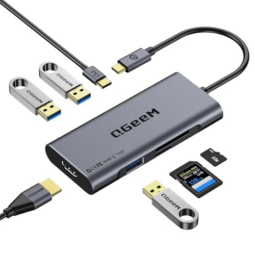 USB C Hub HDMI Adapter,QGeeM 7 in 1 Type C Hub to HDMI 4k,3 USB 3.0 Ports,100W Power Delivery,SD/TF Card Readers Compatible with MacBook Pro 13/15(Thunderbolt 3),2018 Mac Air,Chromebook USB C Adapter
