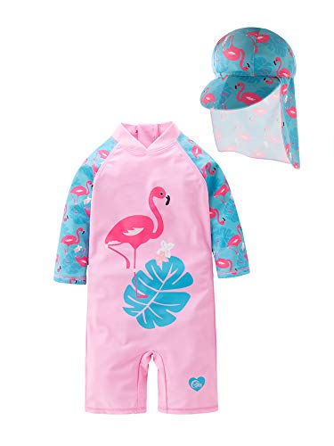 stylesilove Little Girl Pink Flamingo One-Piece Rash Guard Swimsuit with Sun Hat 2pcs Set Bathing Suit Beach Siwmwear