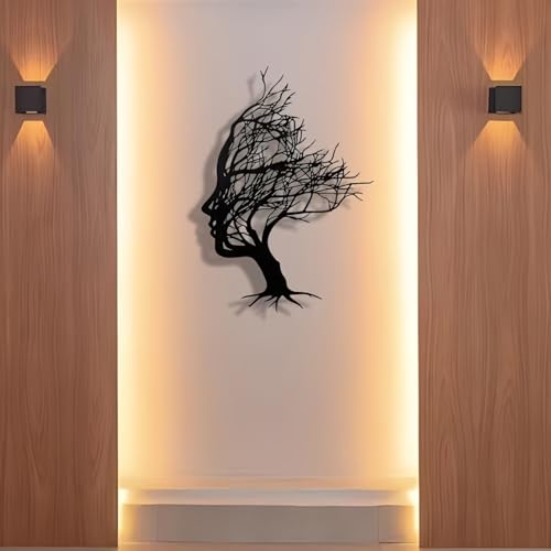 Huspox Abstract Tree Face Metal Wall Art Decor 40x28cm, Tree of Life Women Face Wall Hanging Sculpture Black - Image 4