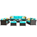 ovios Patio Furniture Set 12 Piece Fully Assembled Outdoor Furniture Conversation Set All Weather High Back Sofa Rattan Wicker Sectional Sofa Set for Yard Deck Porch (Sky Blue)