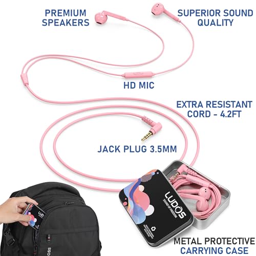 Image of LUDOS FEROX Wired Earbuds in-Ear Headphones, 5 Year Warranty, Earphones with Microphone, Noise Isolation Corded for 3.5mm Jack Ear Buds for iPhone, Samsung, Laptop, Kids, School Students - Pink