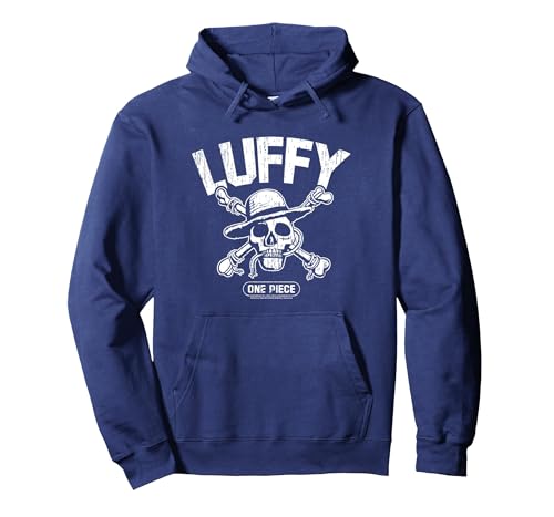 Image of Monkey D Luffy Straw Hat Pirates Skull Crossbones Anime Pullover Hoodie, Adult Unisex, Navy Blue, Medium