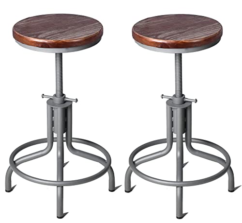 Topower American Antique Industrial Design Metal Adjustable Height Kitchen Dining Breakfast Chair Industrial Style Bar Stool Fully Welded 18.5-22.4 Inch Set Of 2 (Silvery, Wooden Top) #TOP3