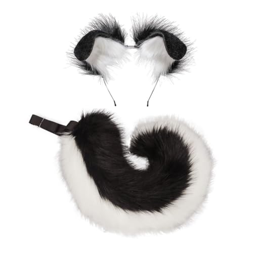 ILUFAM Dog Ears Headband and Tail Set Faux Fur Animal Cosplay Party Costume Accessories (Black&White)