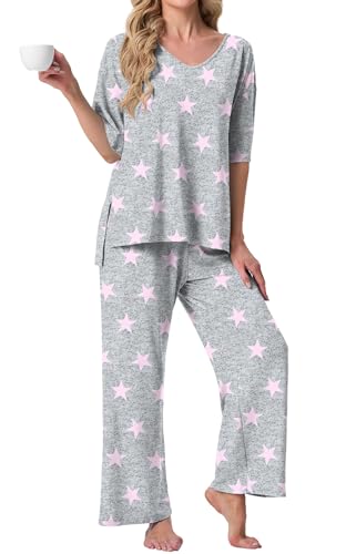 PrinStory Womens Pajama Sets Short Sleeve Pajamas Set 2 Piece Pjs Sets for Women Comfy Loungewear with Pockets FP-Pink Star-L
