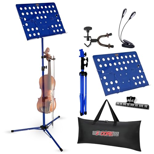5Core Music Stand for Sheet Music Tripod Height Adjustable Portable Folding Note Holder Atril para Partituras w Light Clip - MUS FLD HD Acc BLU