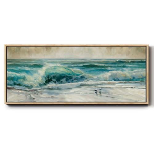 Renditions Gallery Floater Frame Nature Prints Crashing Waves & Seagulls at Dusk Abstract Wall Art Paintings for Bedroom Kitchen Office - 24"x60" Natural Frame LT619