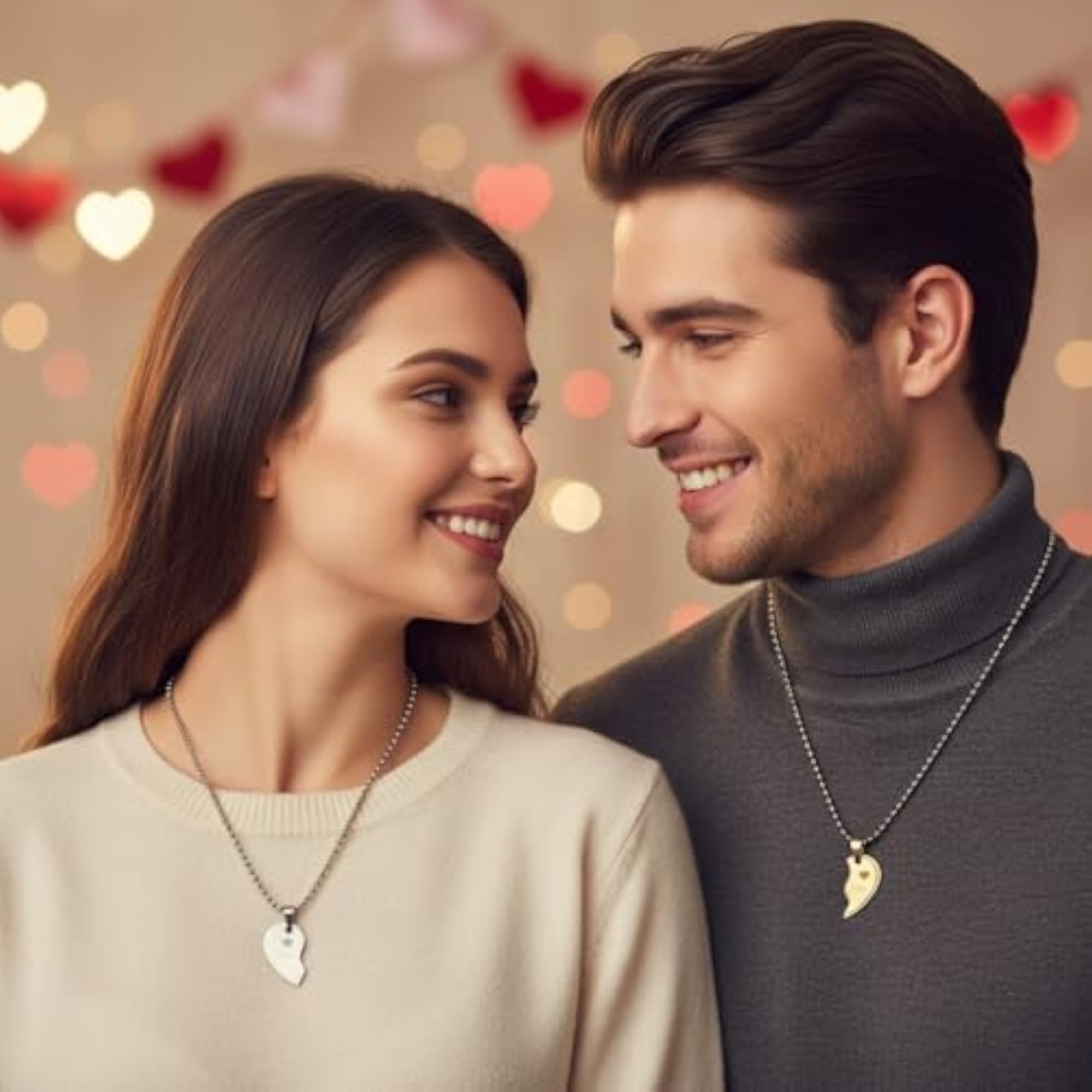 Couple Heart Pendant Necklace Set, Split Heart Engraved