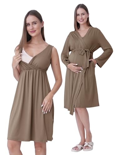 SUNNYBUY Umstands- und Stillnachthemd mit Morgenmantel 2-teilig | 3-in-1 Schwangerschafts Nachtkleid Set für Geburt, Wochenbett & Stillzeit, Krankenhaus Nachtwäsche, Braun M