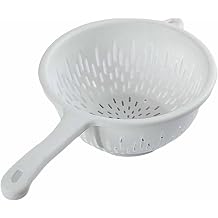 Plastic Colander with Handle,Handheld Drain Sieve Kitchen Strainer for Washing Fruits and Vegetables Food,Compact Easy to Store White