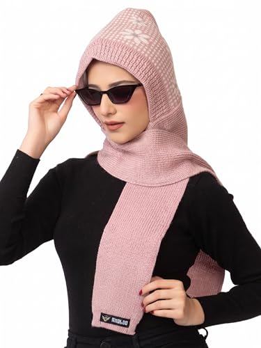 Image of AMOLDO Women's Winter Woolen Soft Warm Knitted Designer Muffler Beanie Cap with Fur | Fleece Printed Woolen Hat with Attached Scarf for Cold Weather