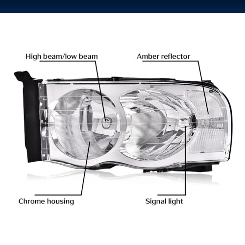 Image of GRAND ORANGE Headlight Assembly Compatible with 2002-2005 Dodge Ram 1500 /2003-2005 Dodge Ram 2500 3500 Clear Lens /Amber Corner Chrome Housing 55077121AF 55077120AF 55077121AG 55077120AG