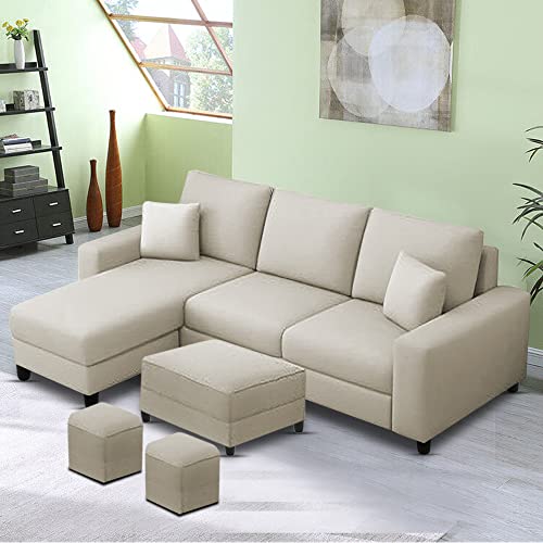Image of Orland 4 Seater LHS L Shape Sofa with Center Table & 2 Puffy | Color - Cream