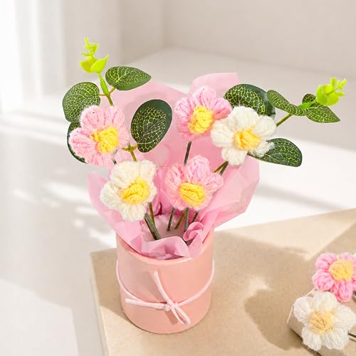 Image of Art Street Handmade Crochet Flower Bouquet with Decorative Paper Pot | Artificial Knitted Flowers with Green Leaves & Ribbon for Home Decor, Birthday, Anniversary (Pink & White)