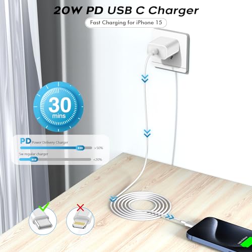 Image of 10Foot USB C Charger for iPhone 16 Charger, 2Pack 20W Type C Charging Block Long 10FT USB C Cord Cable Fast Charging for Apple iPhone 16 /16e /16 Pro /16 Plus /16 Pro Max /15 /15 Plus, iPad mini /iPad Air