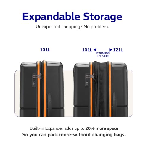 Image of Provogue Lumina Hard-Sided PP 75 Cm Trolley Bag Large Size | Expandable Space with 8 Wheels Trolley Bags for Travel | Combination Lock | 5 Year Warranty (Midnight Black /Fire Orange)