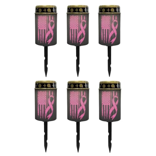 Image of Poceacles Solar Outdoor Lights Solar Grave Lights Cemetery Candles Decorative LED Automatic Flameless Candle, Pink Ribbon American Flag, Pack of 6