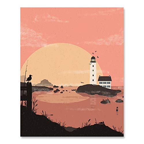 Ocean Landscape Art Print - 8 x 10 Lighthouse Sunrise Unframed Artwork Outdoor Nautical Inspiration Fishing Boating Poster Birds Crabs Sealife Calming Peaceful Beach House Decor
