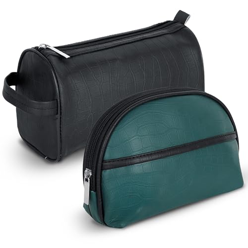 Image of SNDIA Leather 2-Set Toiletry Kit Travel Bags Shaving Kit Makeup Cosmetic Pouch For Men And Women (Him & Her) - Turquoise Black