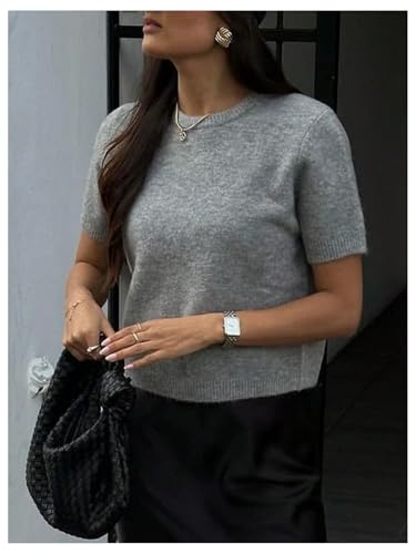GORGLITTER Women's Short Sleeve Sweater Dressy Fall Sweaters 2025 Casual Crew Neck Knit Pullover Tops4