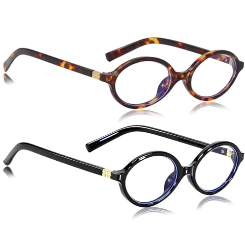 Image of 2PCS Retro Oval Blue Light Glasses Womens and Mens, Screen Light Blocking Glasses for Gaming Computer Screen, Oval Frame Bluelight Eyeglasses Suitable for Gaming Office Work Reading Outdoor Use