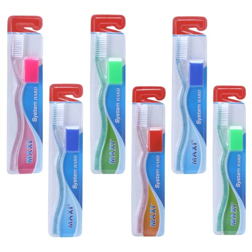 Image of MAXI System Hard Toothbrush for Adults | Deep Plaque & Stain Removal | Anti-Bacterial Travel Cap | Manual Big Head Hard Bristles Tooth Brush | Multicolor Pack of 6
