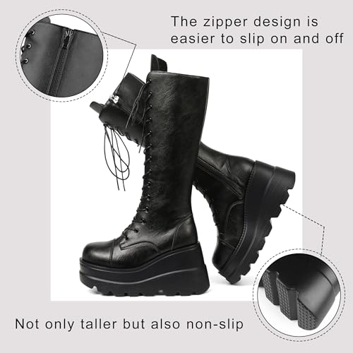 CELNEPHO Womens High Platform Mid Calf Wedges Chunky High Heel Round-Toe Side Zip Punk Combat Boots For Women4