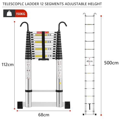 STANEW Telescopic Ladder 5 M,Aluminium Ladders Extendable with Exclusive Custom Stabilizer, Stabilizer Bar, Detachable Hooks, Multi-Purpose Telescoping Ladder with Triangular Thickened Non-Slip Feet 2 STANEW Telescopic Ladder 5 M,Aluminium Ladders Extendable with Exclusive Custom Stabilizer, Stabilizer Bar, Detachable Hooks, Multi-Purpose Telescoping Ladder with Triangular Thickened Non-Slip Feet - Image 2