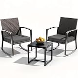 LAWNOOK Rocking Patio Bistro Sets - All-Weather - 3 Piece Rattan Conversation Furniture Set, Wicker Outdoor Front Porch Chair for Balcony, Porch, Garden, Backyard, Poolside,Medium Gray