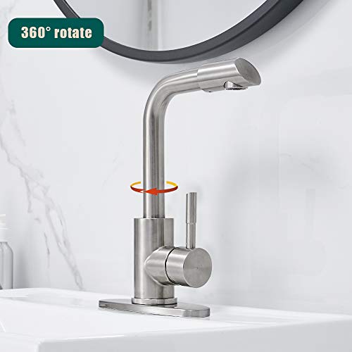 Hoimpro 360° Rotate Spout Single Handle Wet Bar Sink Faucet,Single Hole Bathroom Lavatory Faucet,Rv Small Bathroom Sink Faucet,Bar Vanity Faucet, Stainless Steel/Brushed Nickel (1 Or 3 Hole) #TOP2