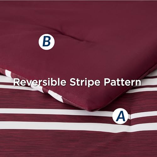 Bedsure Queen Comforter Set 7 Pieces, Burgundy Striped Bedding Set for All Seasons, Reversible, Cationic Dyeing Bed in a Bag with Comforter, Sheets, Pillowcases & Shams