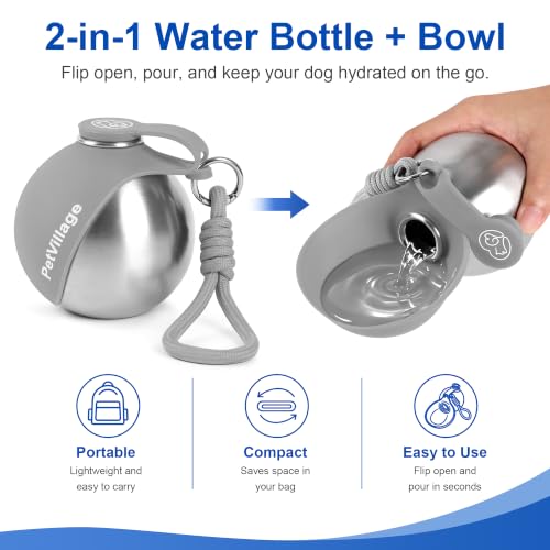 Image of 2-in-1 Dog Water Bottle with Foldable Bowl, Portable Leak-Proof Pet Travel Water Dispenser, Stainless Steel Dog Hydration Bottle for Walking, Hiking, Small Dogs & Puppies, Gray 10oz