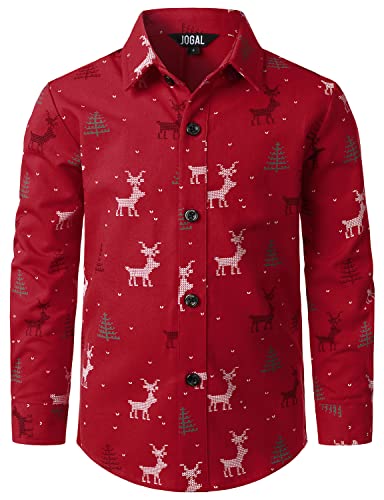 JOGAL Boys Christmas Santa Claus Party Long Sleeve Button Down Shirts Kids Print Cotton Shirt Red 11-12 Years