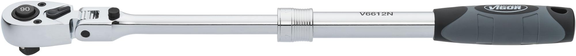 Vigor carraca telescópica articulada reversible V6612N, cuadradillo de 1/2 pulgada, extensible de 350-490 mm, cabeza giratoria 180 grados, ángulo de funcionamiento de 4 grados