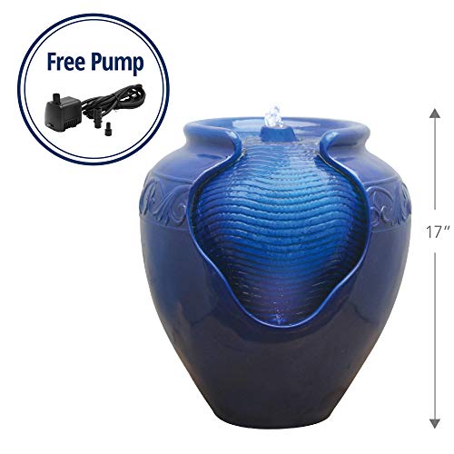 Teamson Home Floor Glazed Pot Water Fountain With Built-In Led Light And Pump For Outdoor Indoor Patio Garden Backyard Decking Home Décor, 17 Inch Height, Royal Blue #TOP5